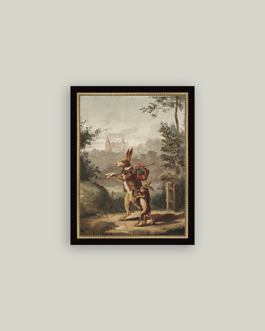 Traveling Rabbit Framed Antique Art: 7x9