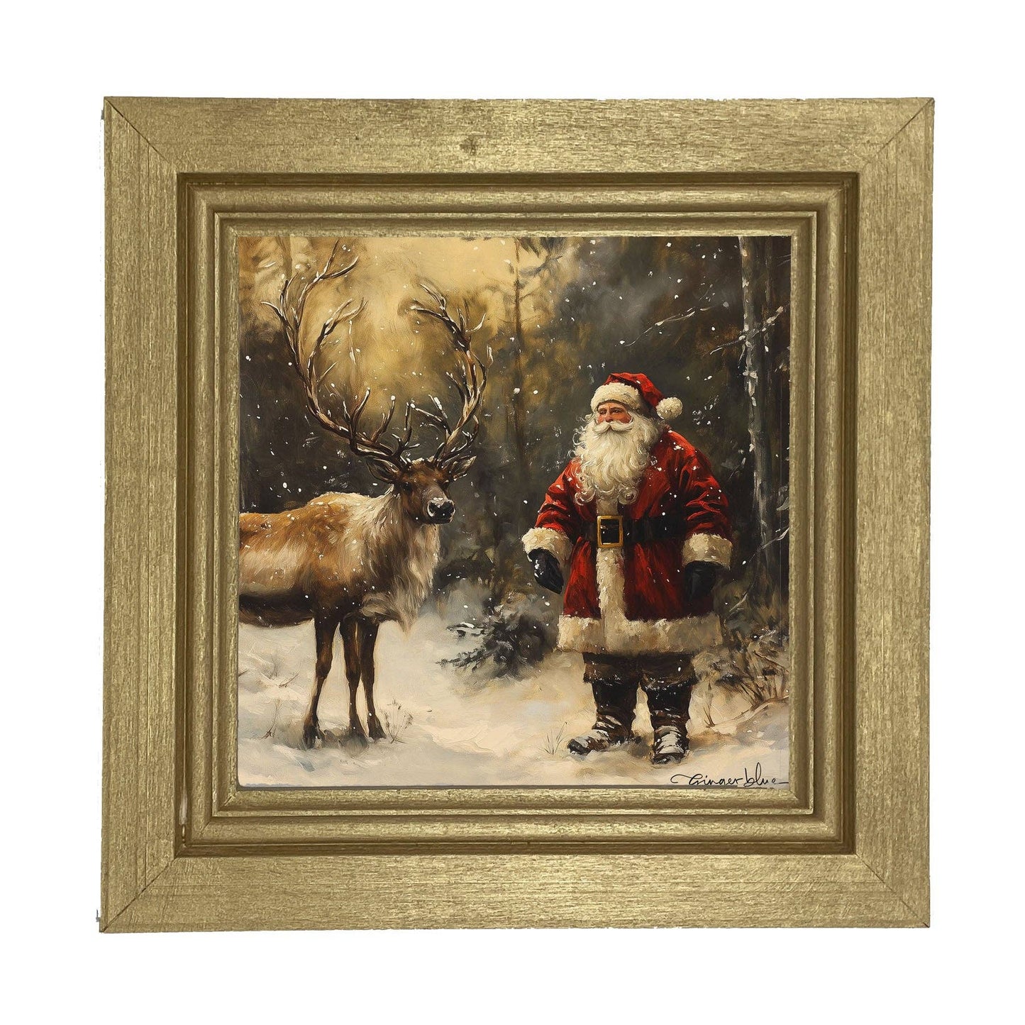 Santa with Reindeer in Forest: Gold / Small