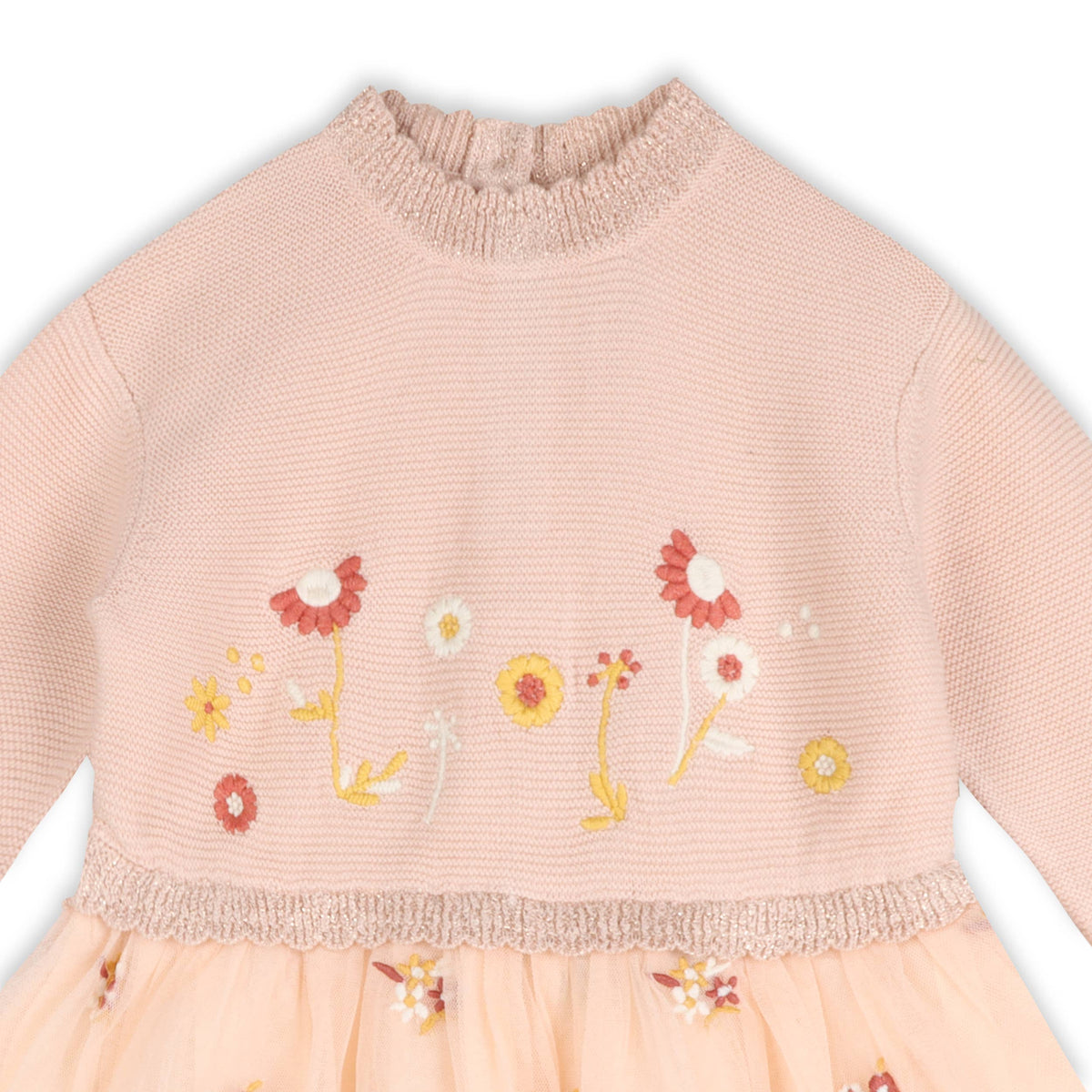 Floral Embroidery Knit Baby Tutu Dress (Organic Cotton): Sweet Pink