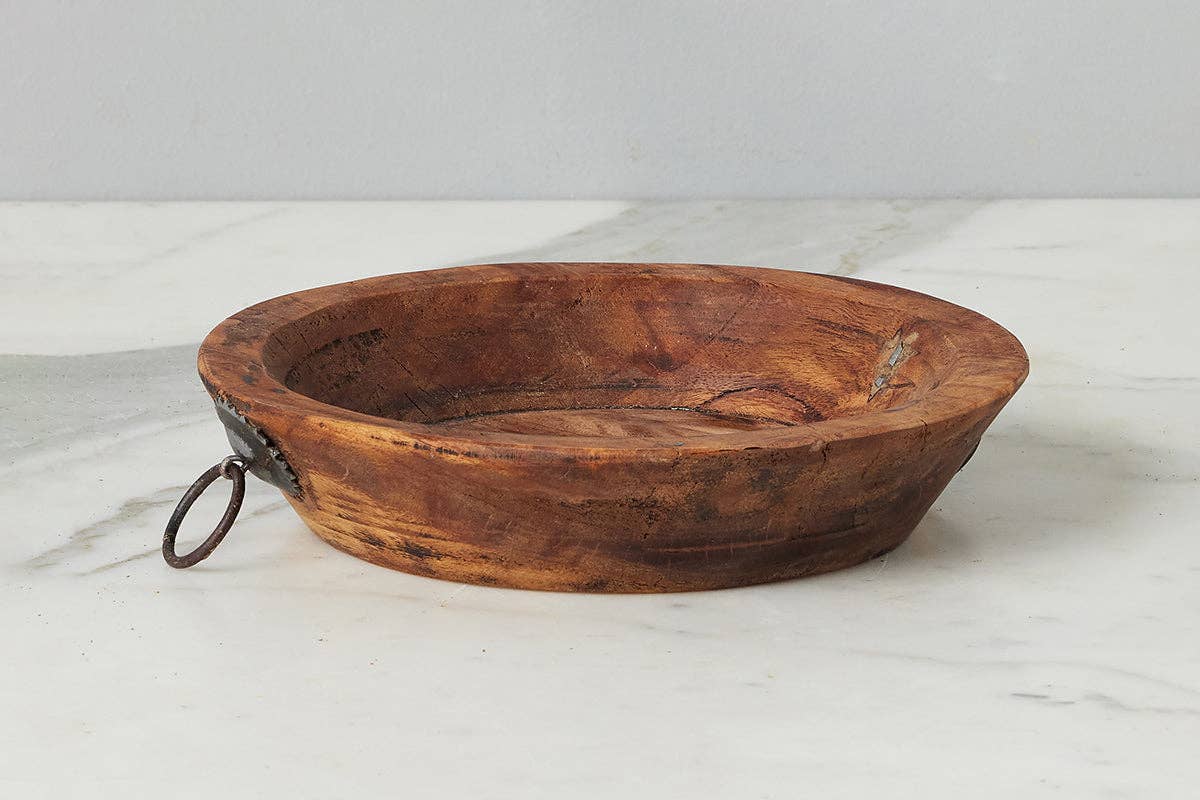 Vintage Wood Bowl with Iron Handle, Small