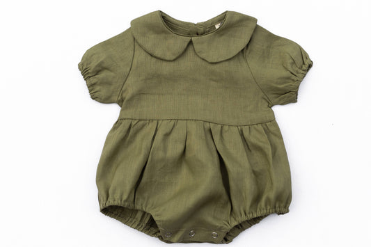 Baby Girl Linen Romper Short sleeve| Allie: Olive