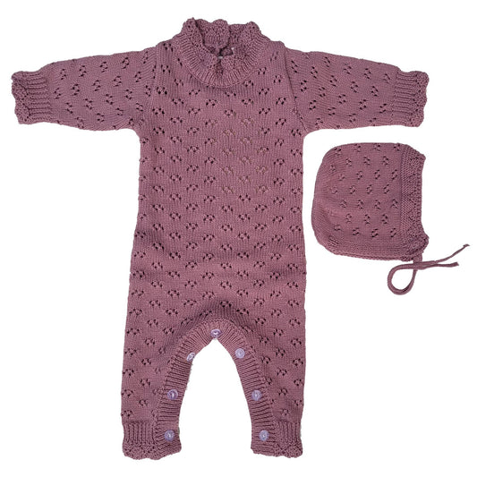 Grace Knitted Romper with Hat 2pc Set Apricot pink or Plum: Plum