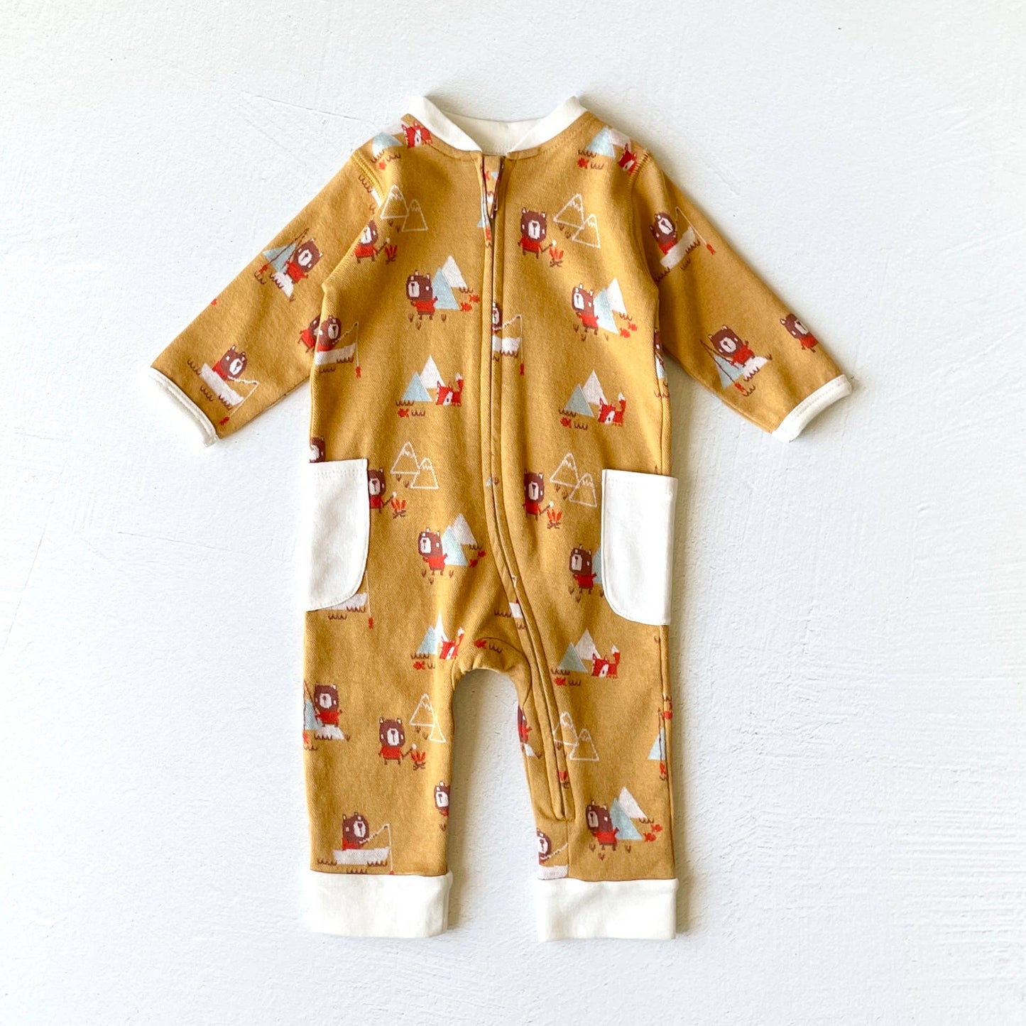 Camping Bear & Fox Zipper Organic Jacquard Baby Jumpsuit: Mustard