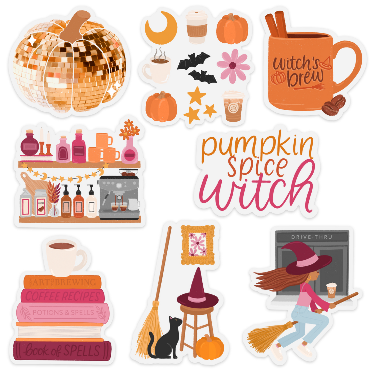 Clear Pumpkin Spice Witch Coffee Bar Sticker 2.9x2.9 in.