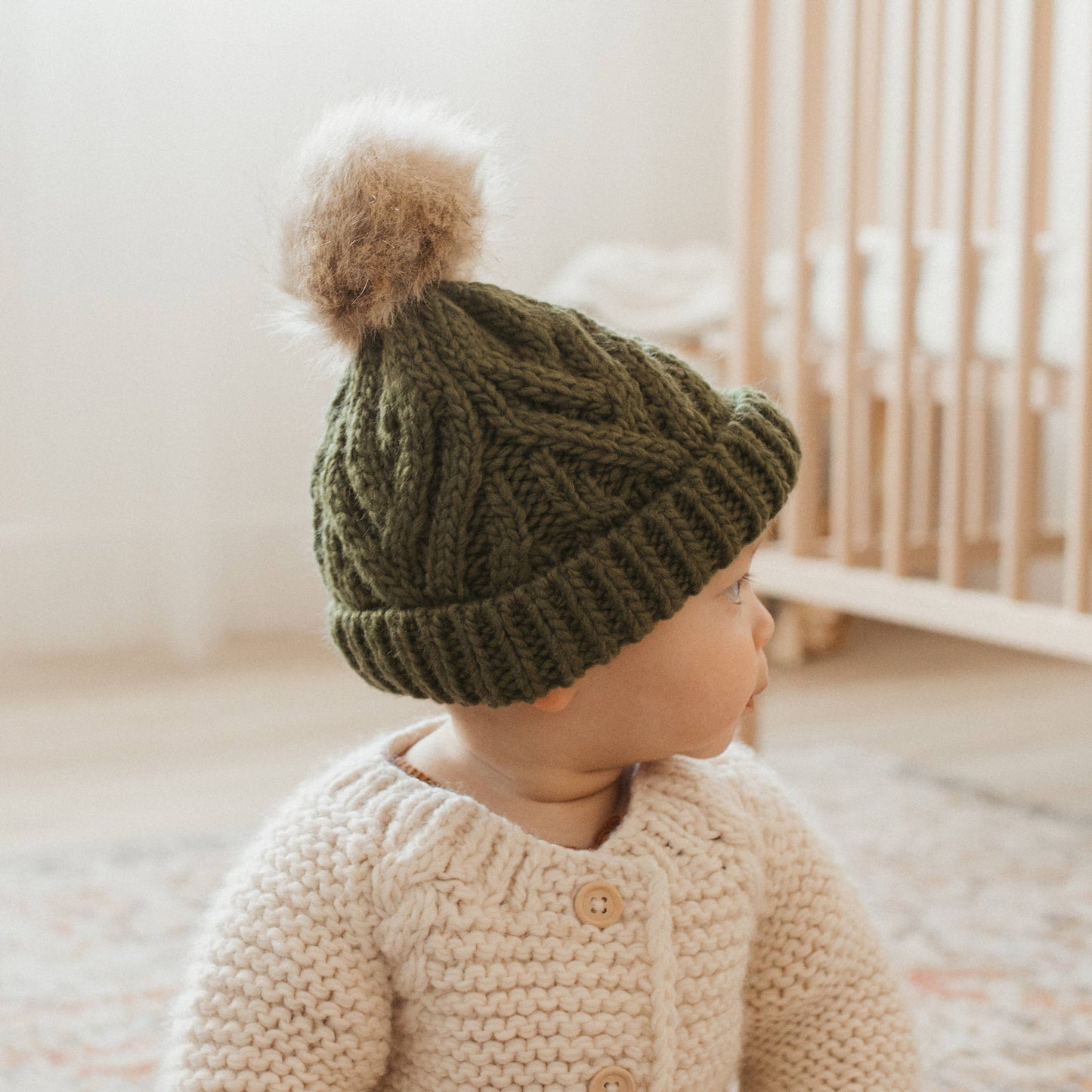 Mossy Pop Pom Pom Beanie Hat Baby & Kids: M (6-24 months)