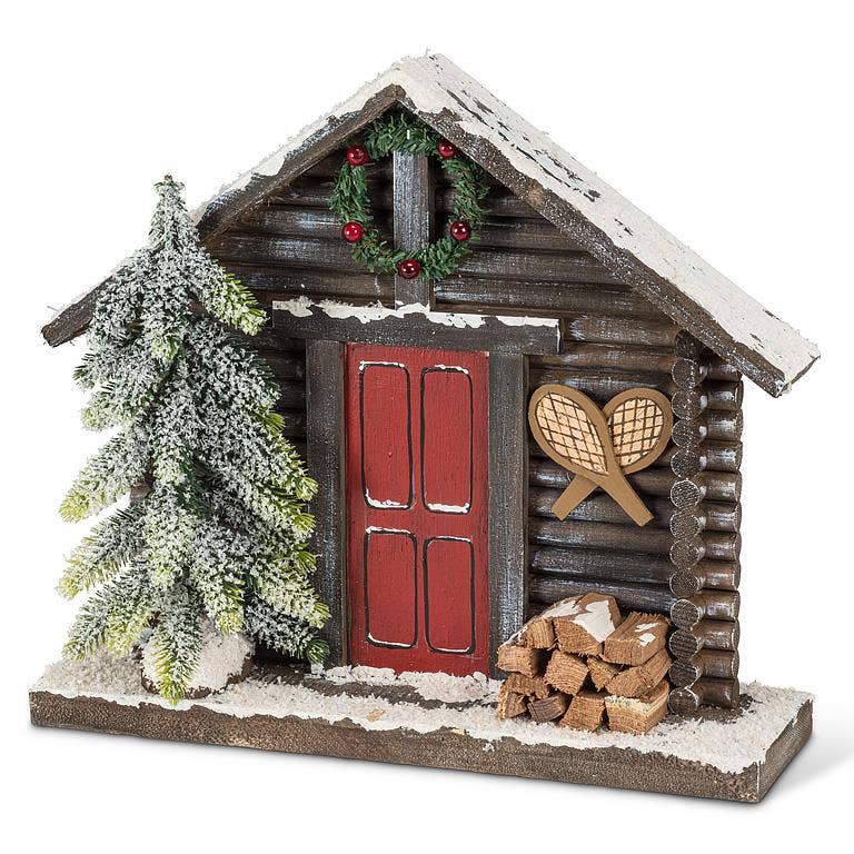 Winter Cabin Facade with Tree