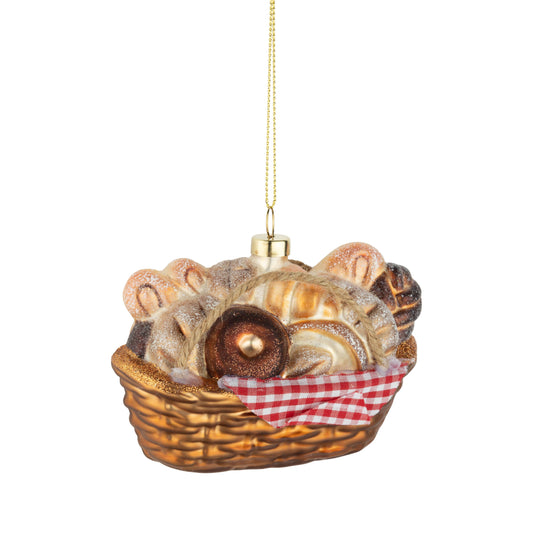Glass bread basket orn,with gingham cloth,3.25in