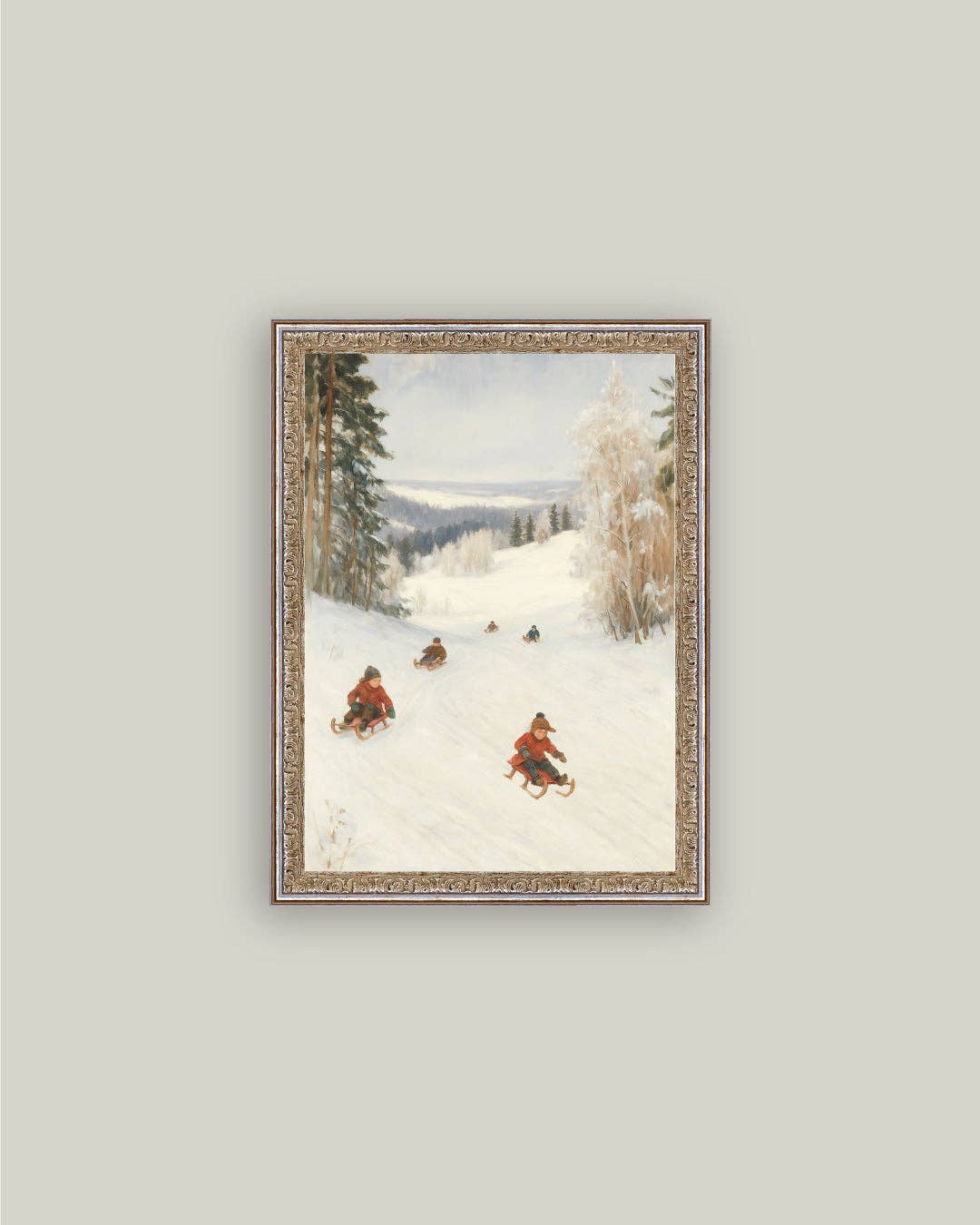 Sledding Hill Framed Antique Art: 5x7