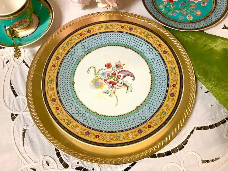 Flowers Teal Border Lunch Dinner Plate 10.5 inch