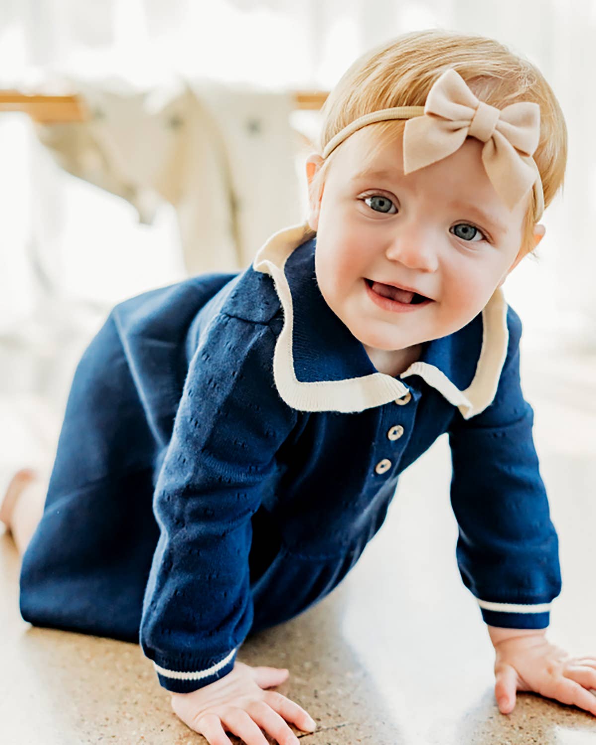 Adeline Ruffle Collar Sweater Knit Baby Dress (Organic): Navy Blue