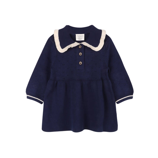 Adeline Ruffle Collar Sweater Knit Baby Dress (Organic): Navy Blue