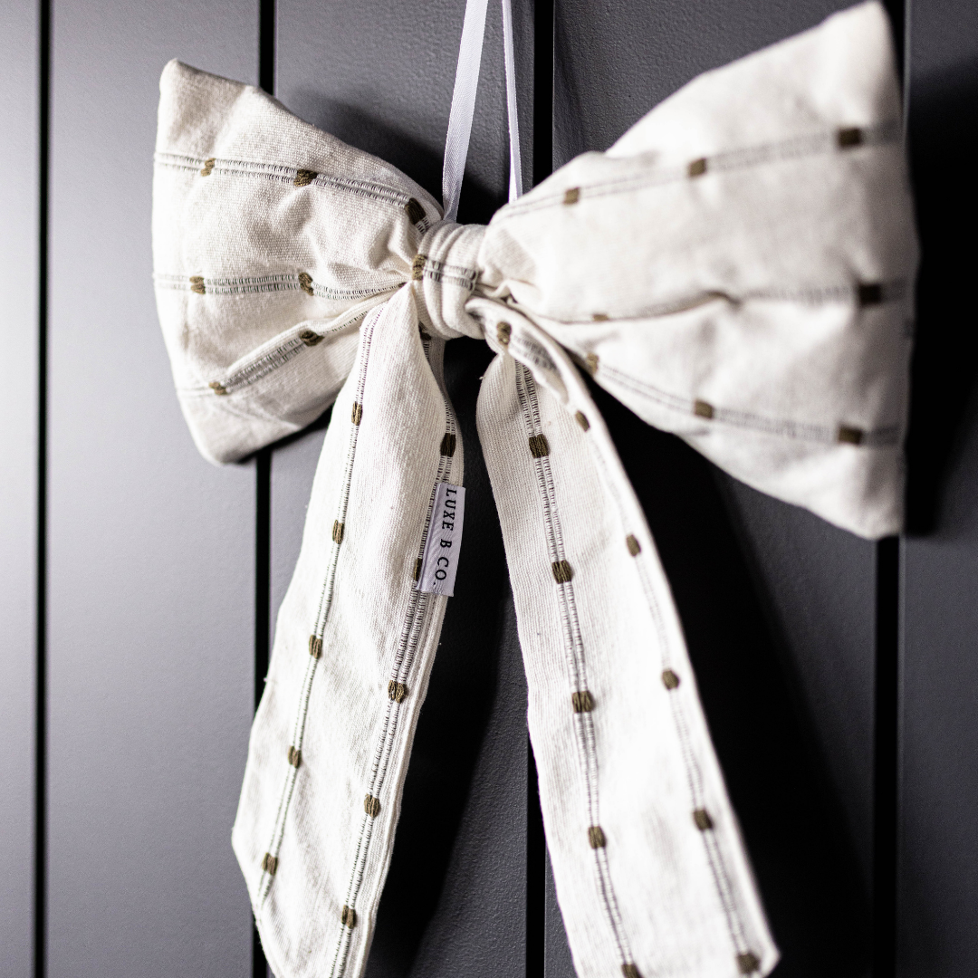 Bow White & Light Green Dotted Striped Embroidery Fabric