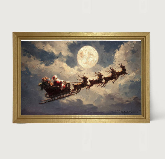 Santa Flying under Full Moon - Horizontal Frame: Gold / HS