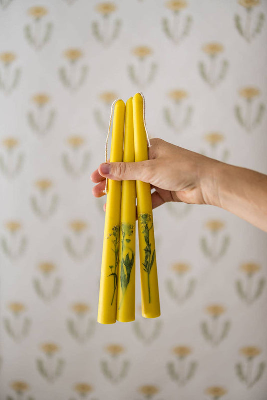 Floral Inlaid Tapered Candles in Yellow