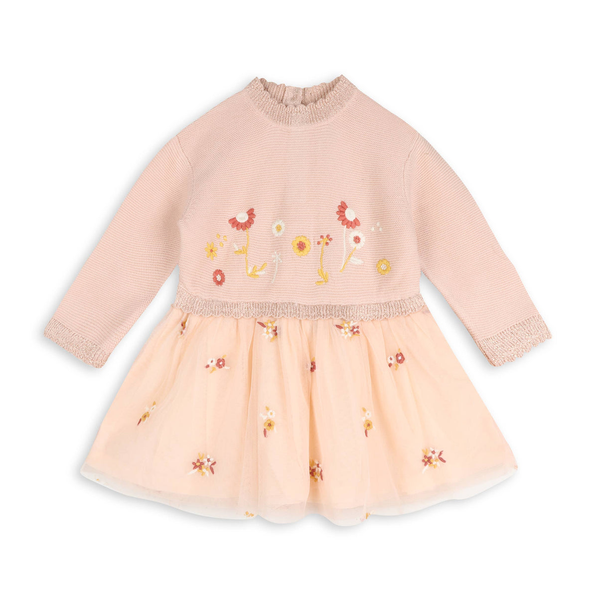 Floral Embroidery Knit Baby Tutu Dress (Organic Cotton): Sweet Pink