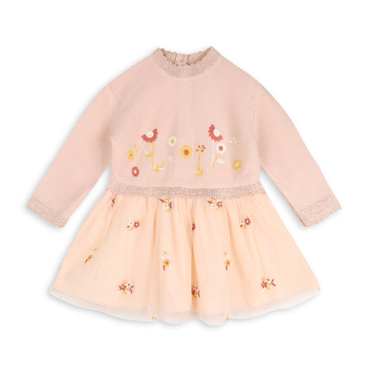 Floral Embroidery Knit Baby Tutu Dress (Organic Cotton): Sweet Pink
