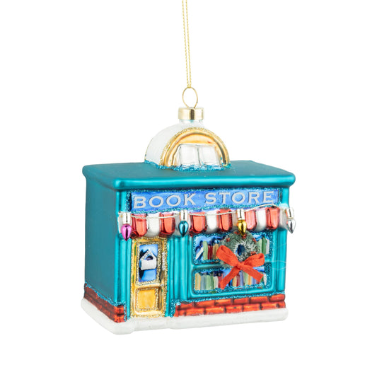Glass bookstore ornament,blue store, red, white stripe awning,4.25in