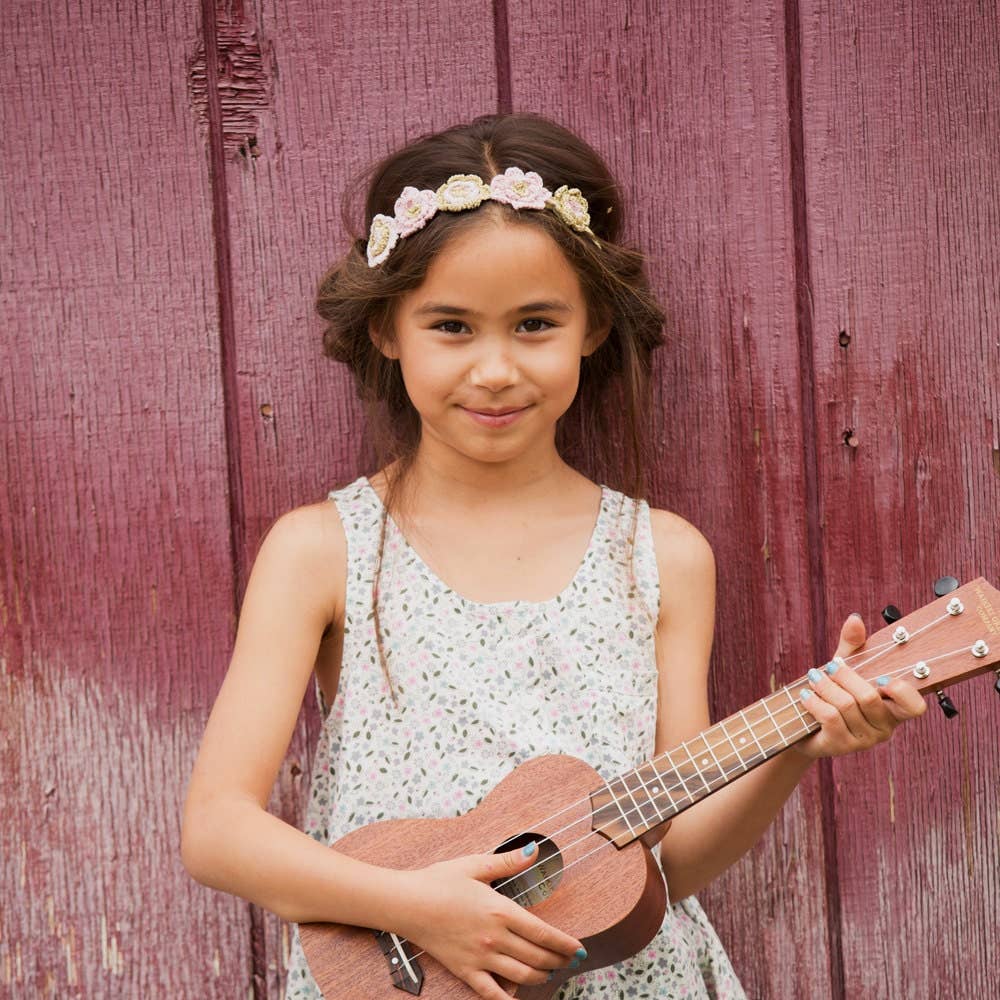 Girls Artisan Flower Headband - Gold/ Pink