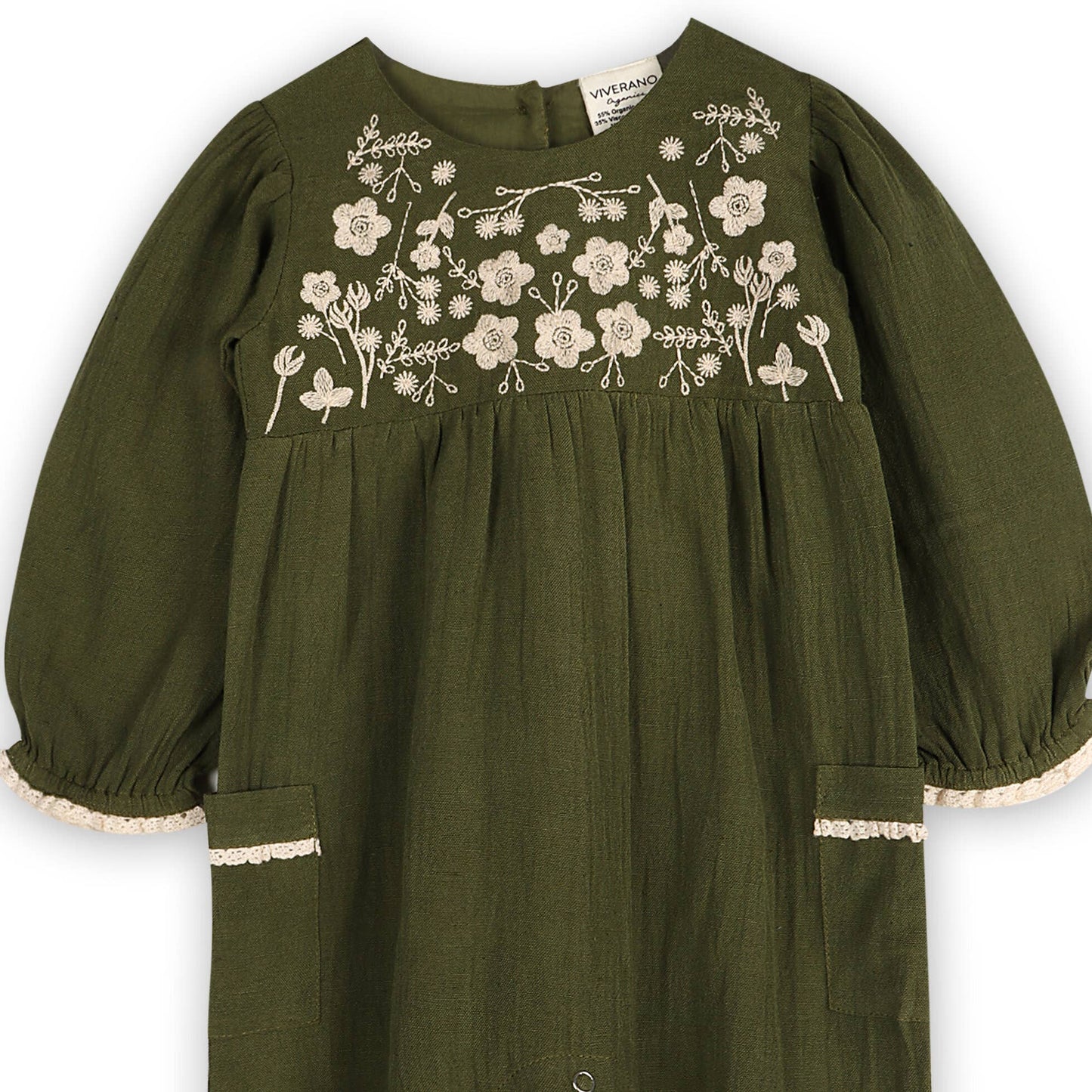Juniper Embroidered Baby Jumpsuit & Headband -Linen Blend: Olive Green