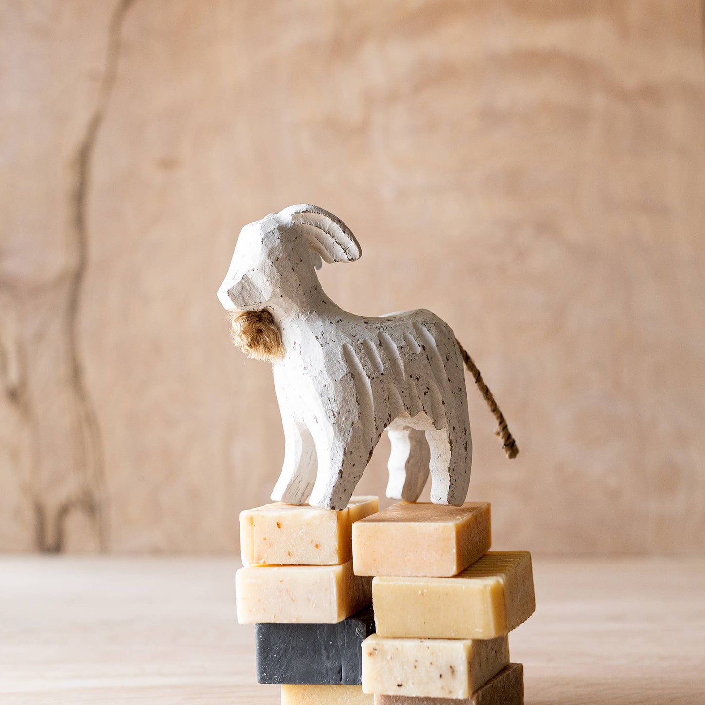 Prescott Carved Goat Farm Accent White Wood & Jute