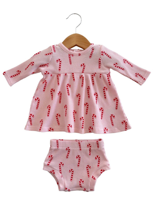 Organic Waffle Simple Dress & Bloomer, Pink Candy Cane