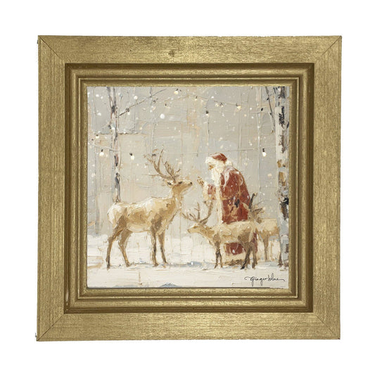 Santa Visting Reindeer under Lights: Gold / Small