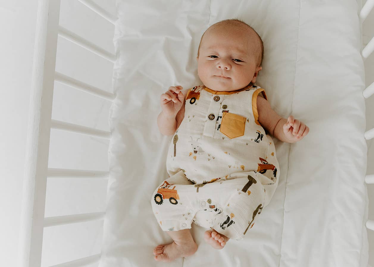 Farm Sleeveless Pocket Baby Short Romper (Organic Muslin): Natural / 12-18M