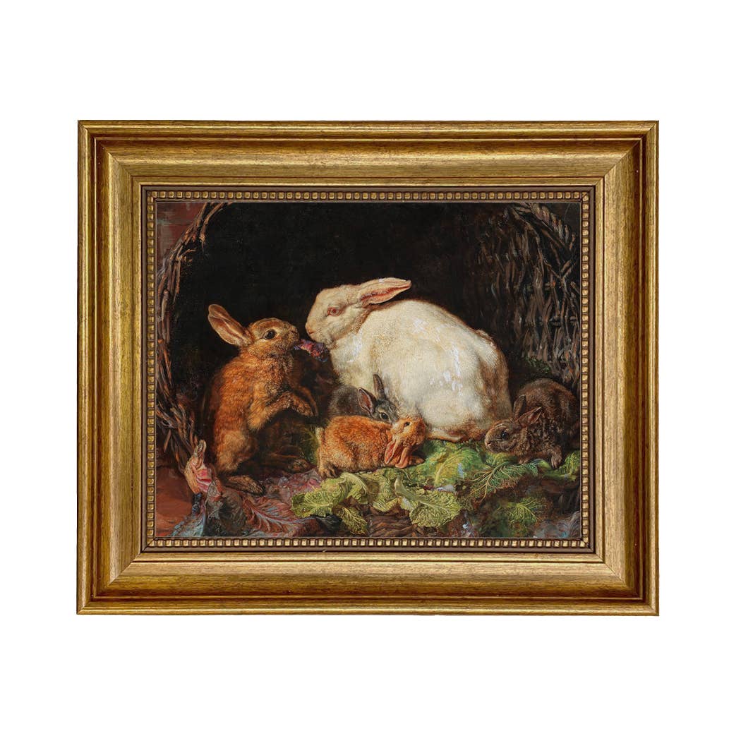 Hares and Young Framed Oil Painting Print on Canvas: Antiqued Gold / 5" x 6"