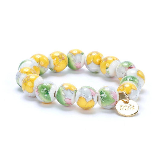 Kids Vintage Floral Beaded Bracelet with Gold Circle Charm: Green
