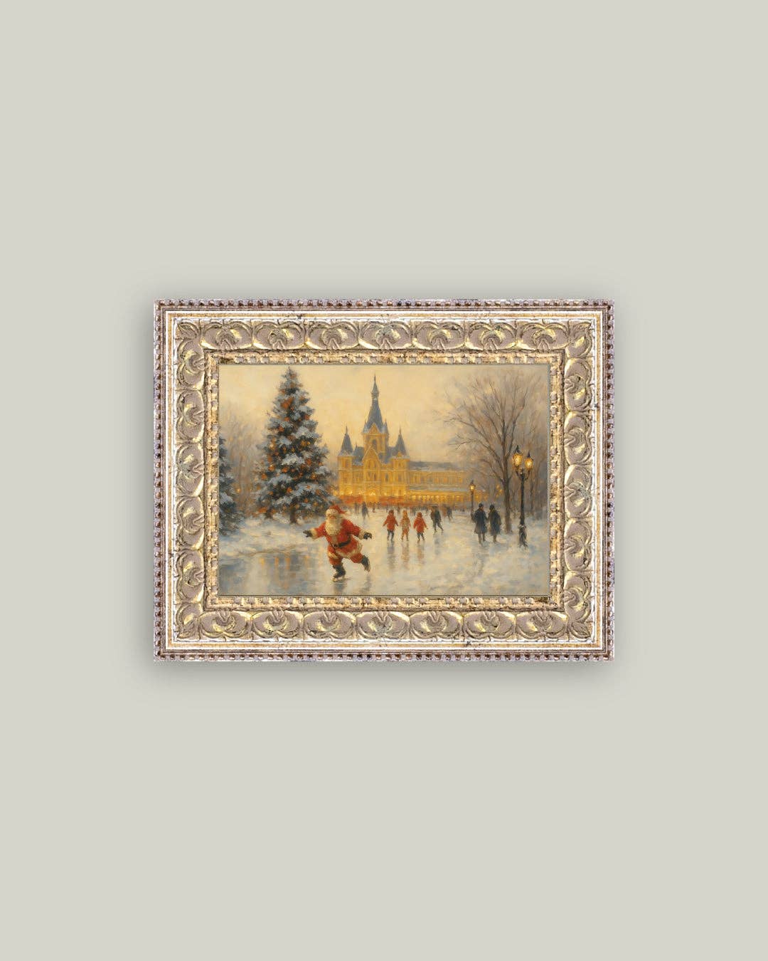 Skating Santa Framed Antique Art: 7x5
