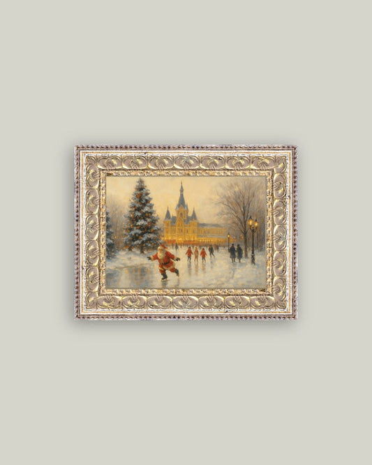 Skating Santa Framed Antique Art: 7x5