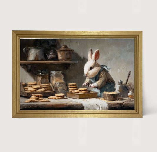 Bunny Baking Cookies - Horizontal Frame: Gold / HS
