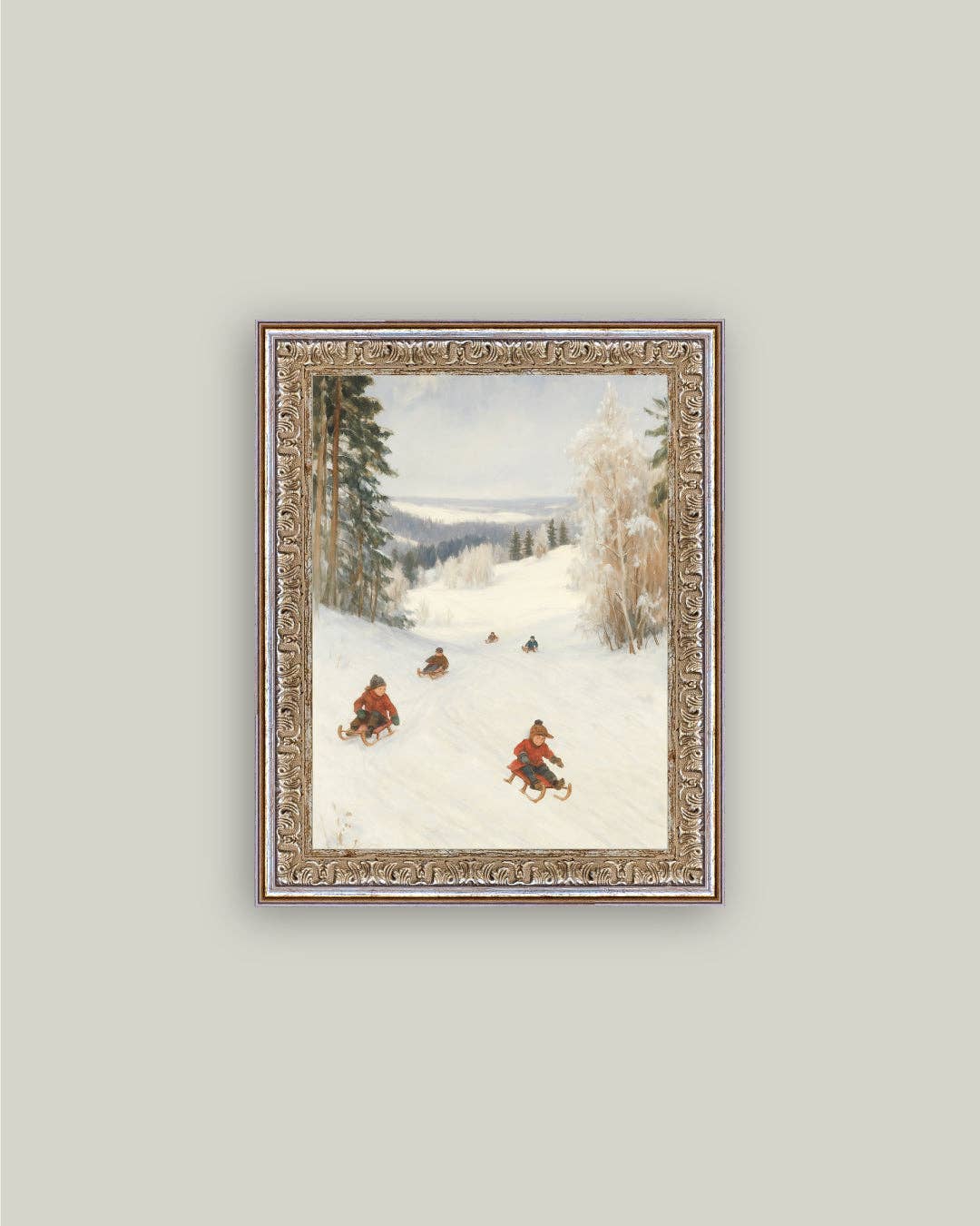 Sledding Hill Framed Antique Art: 5x7