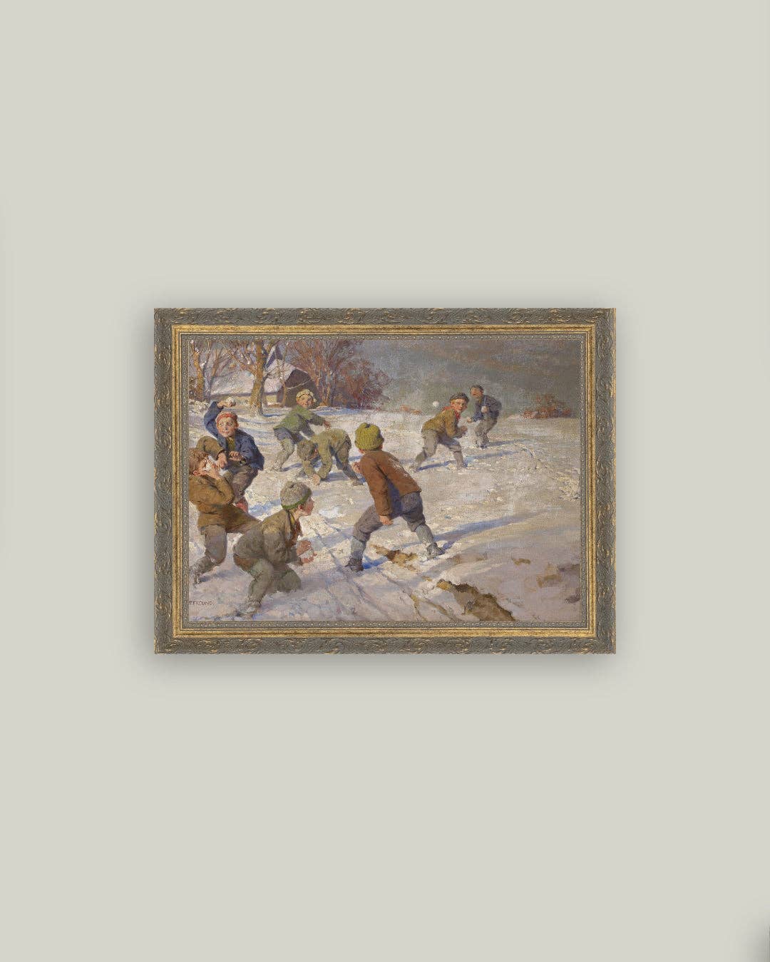 The Snowball Fight Framed Antique Art: 7x5