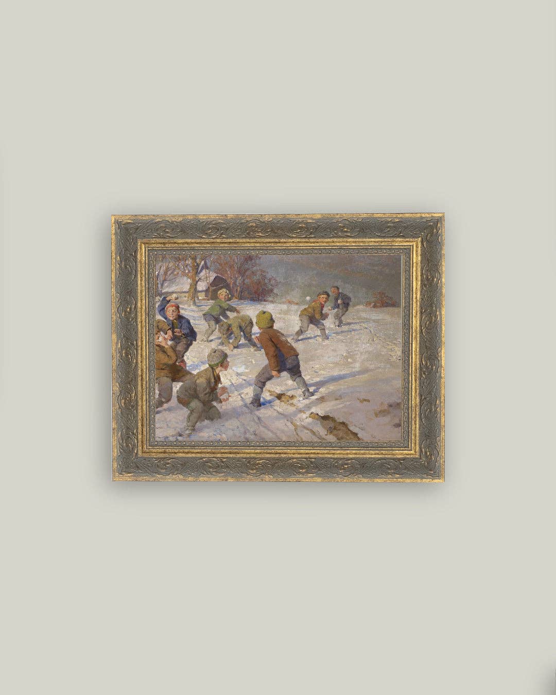 The Snowball Fight Framed Antique Art: 7x5