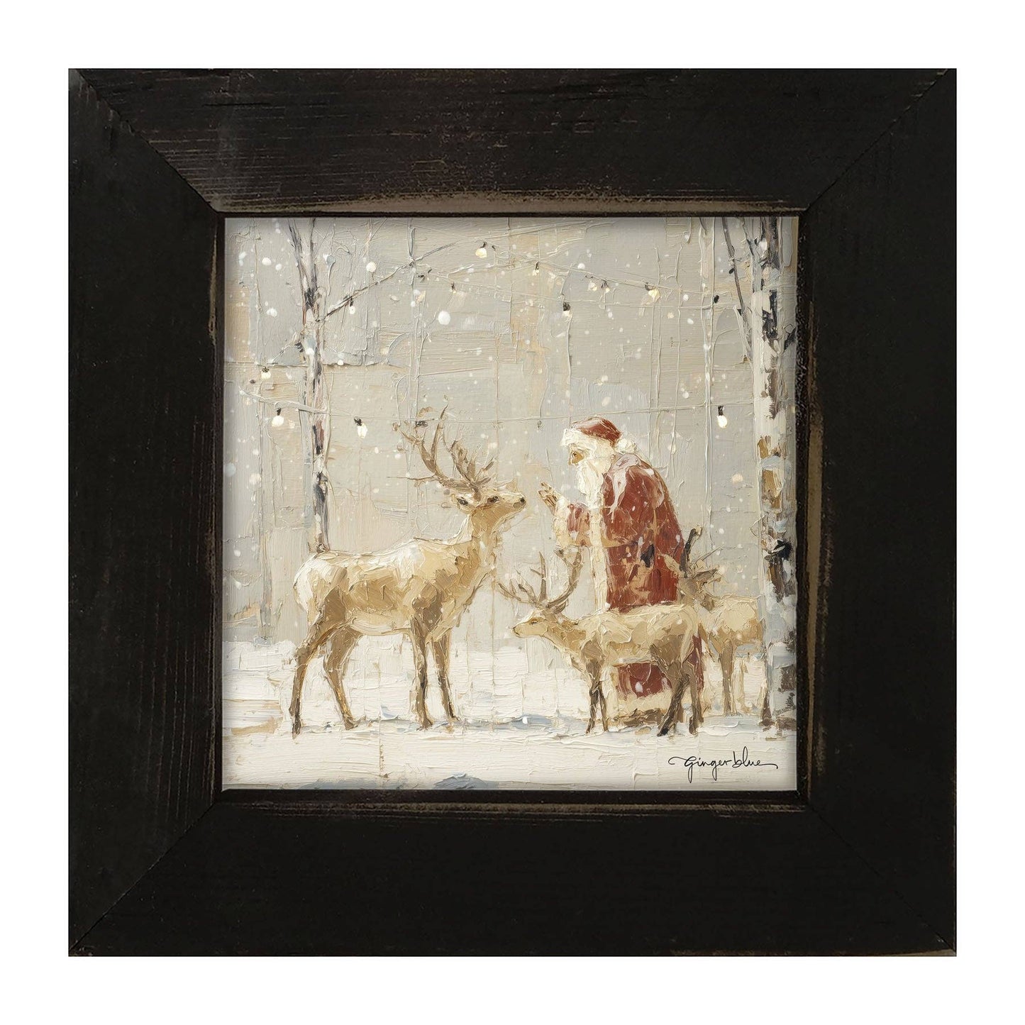 Santa Visting Reindeer under Lights: Black / Small