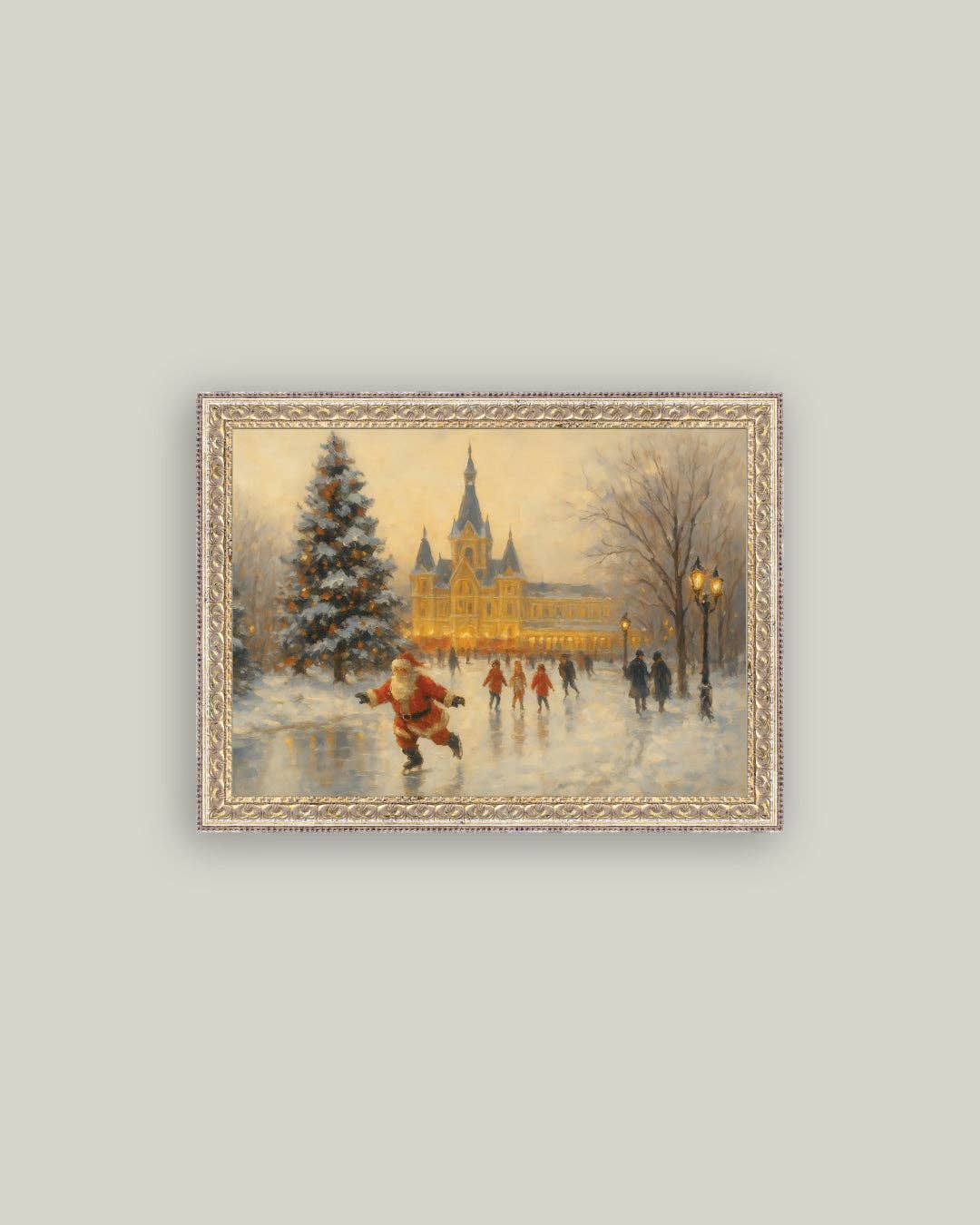 Skating Santa Framed Antique Art: 7x5