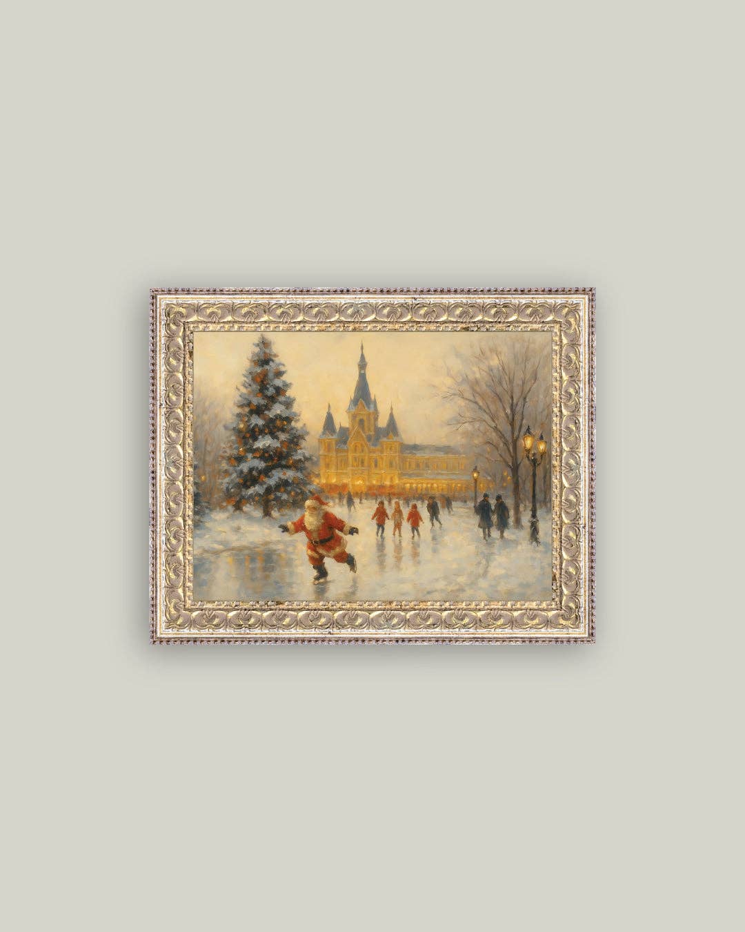 Skating Santa Framed Antique Art: 7x5