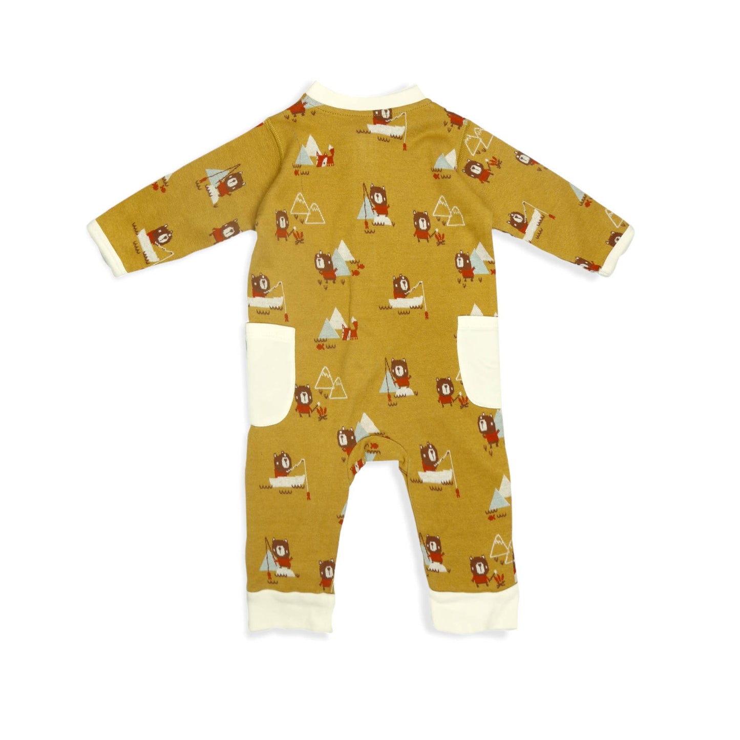 Camping Bear & Fox Zipper Organic Jacquard Baby Jumpsuit: Mustard