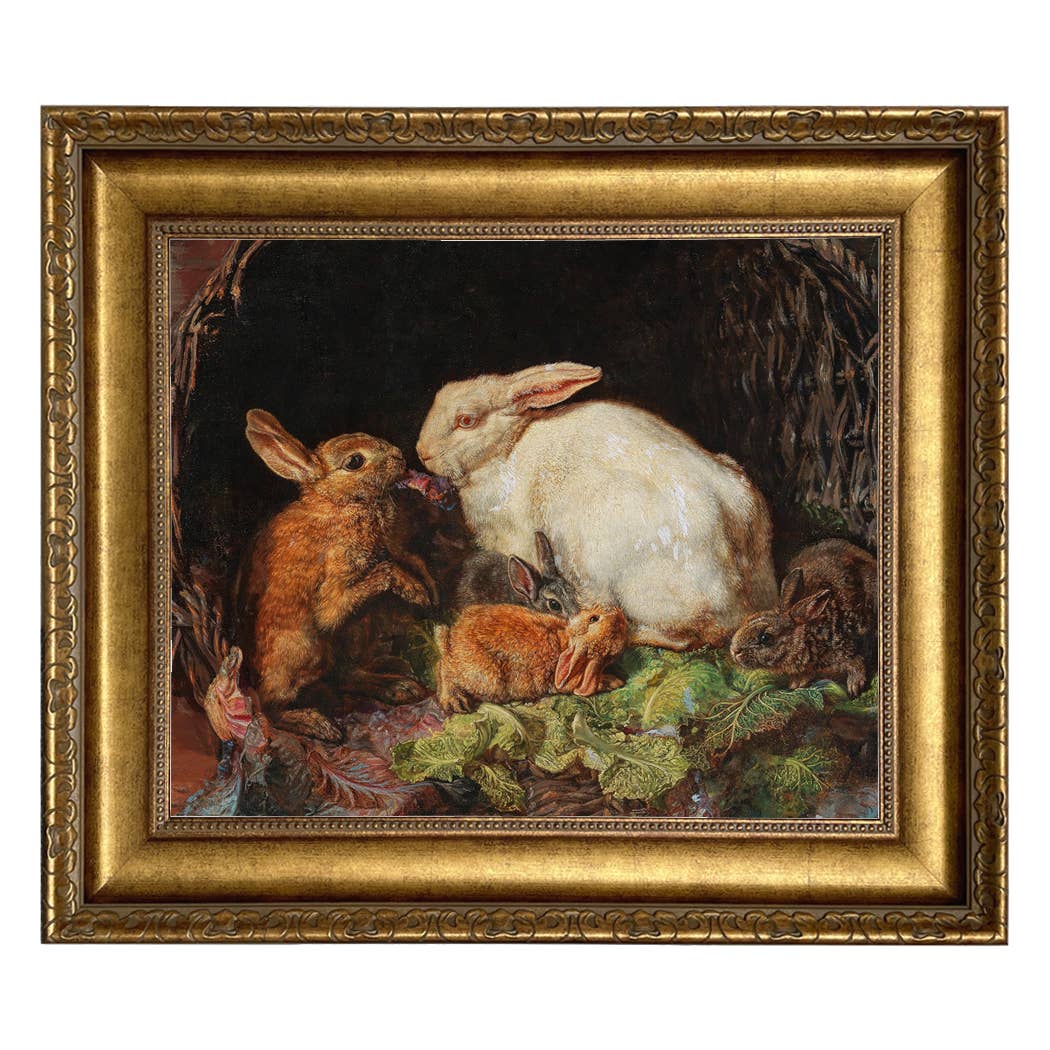 Hares and Young Framed Oil Painting Print on Canvas: Antiqued Gold / 5" x 6"