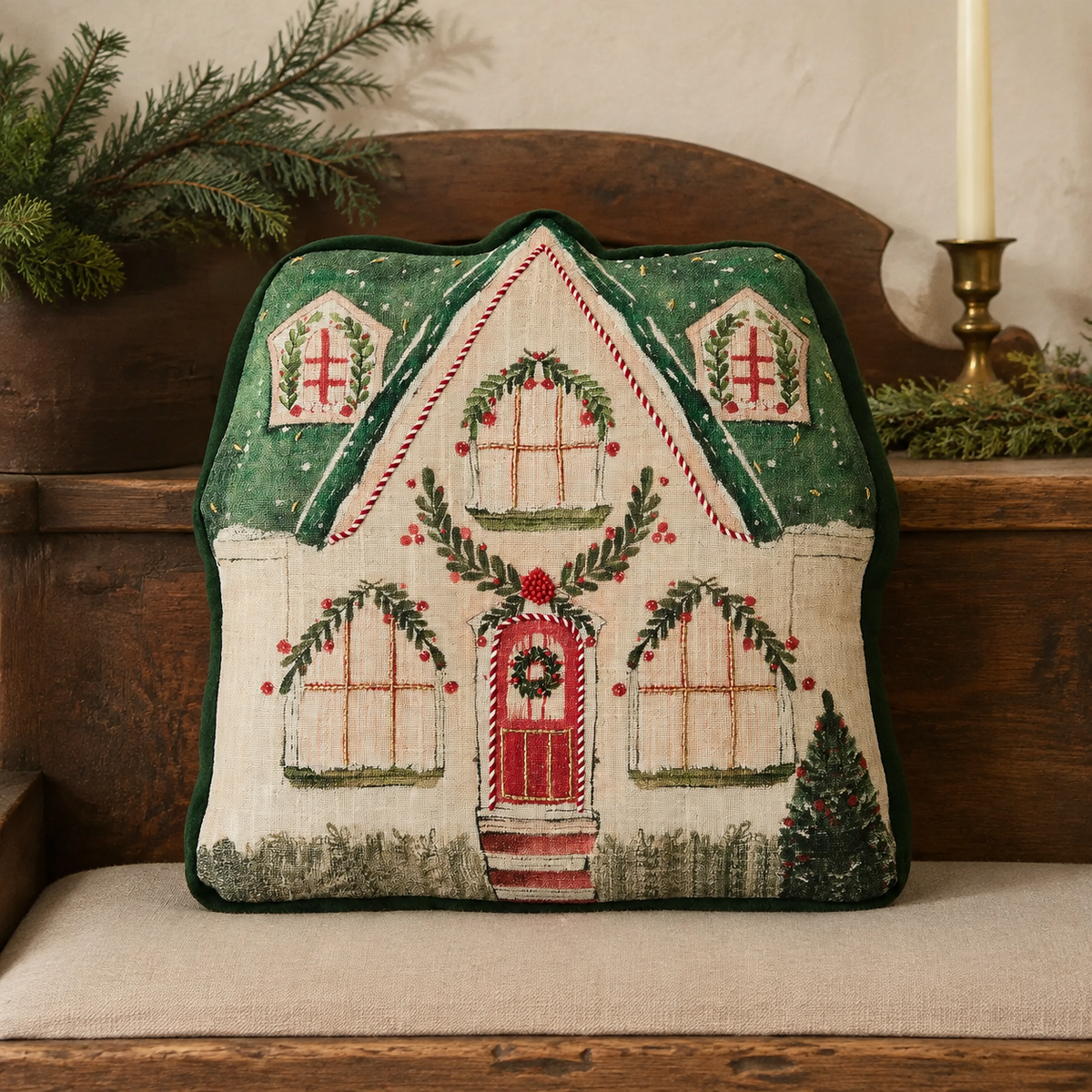 Christmas Cottage Shaped Pillow Beaded 14x14
