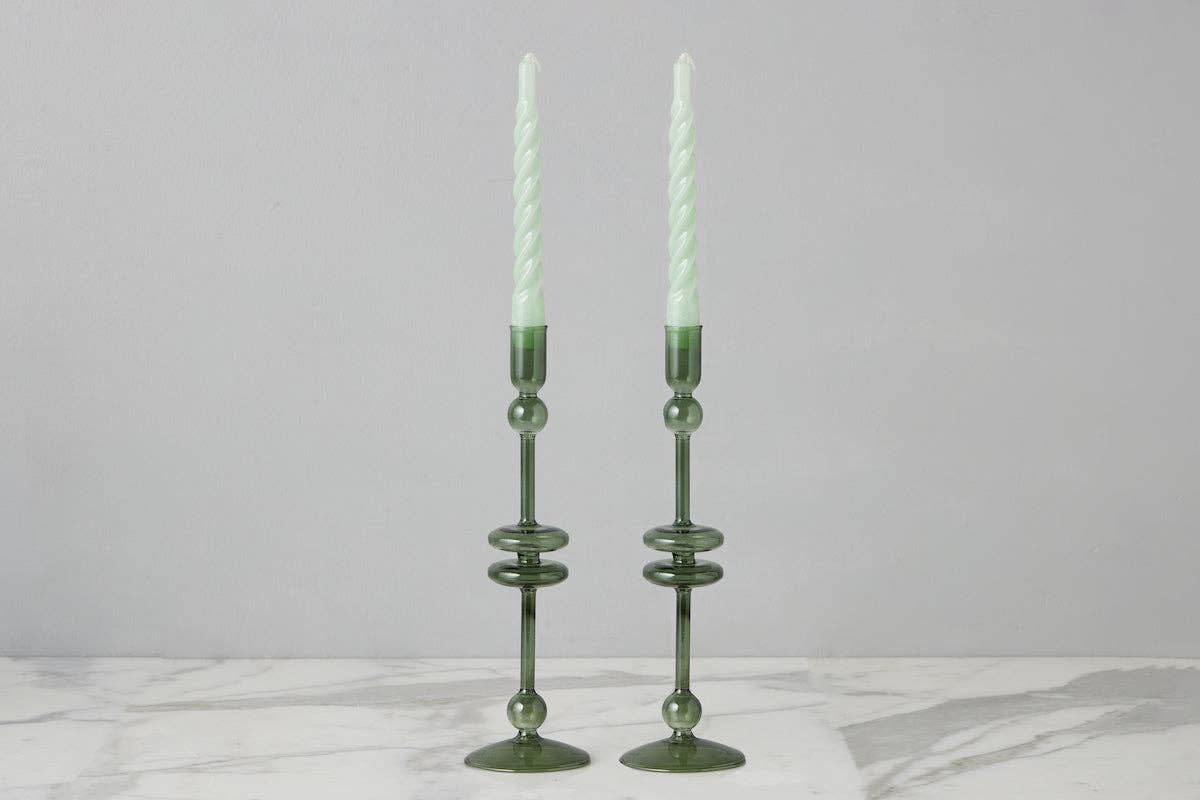 Emerald Green Glass Taper Candlestick Holder Pair, Large