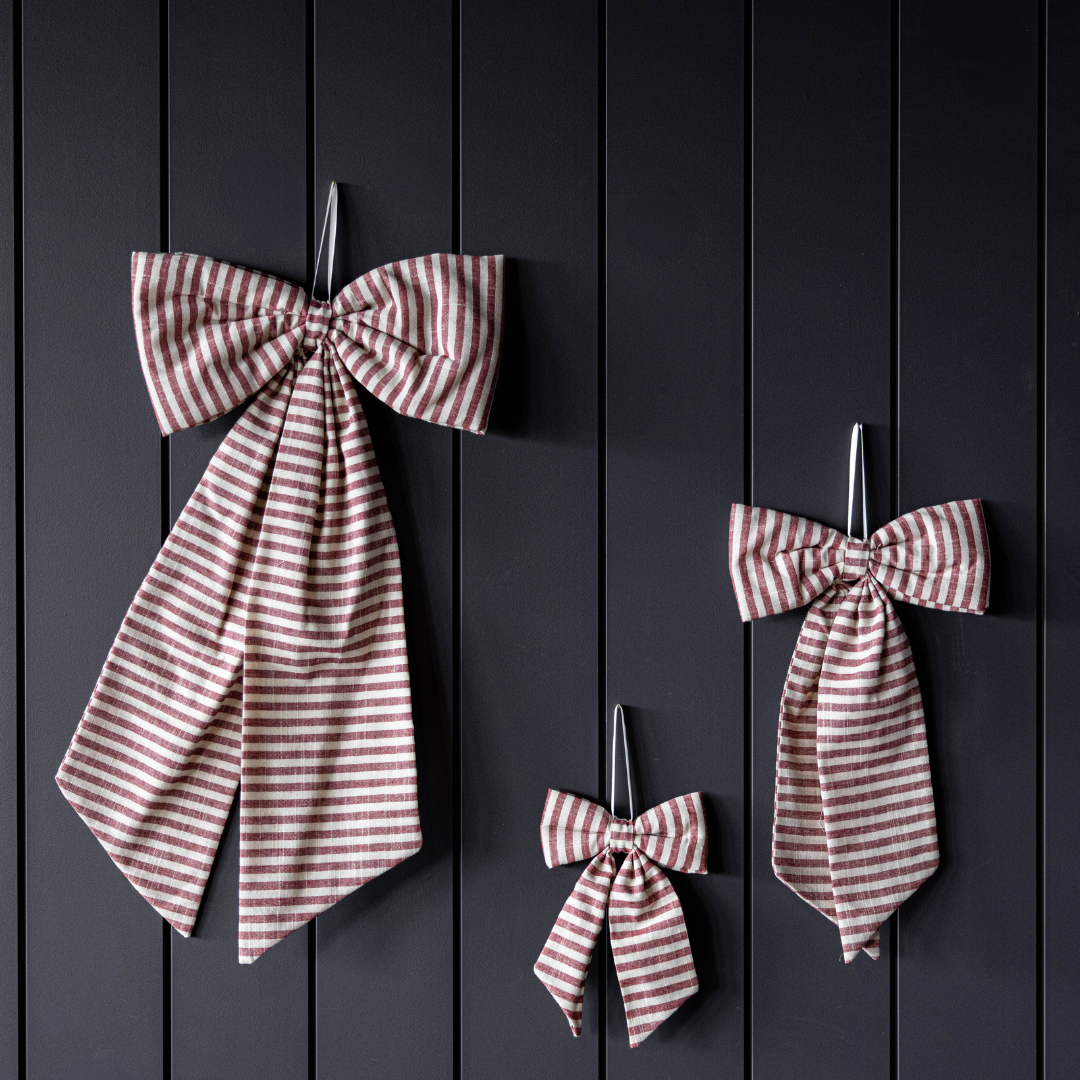 Bows Striped Cranberry Red Fabric : Medium