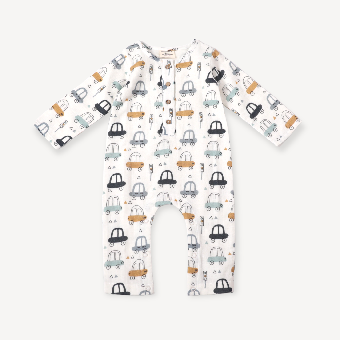 Cars Pocket & Button Baby Jumpsuit (Organic Muslin): Soft White