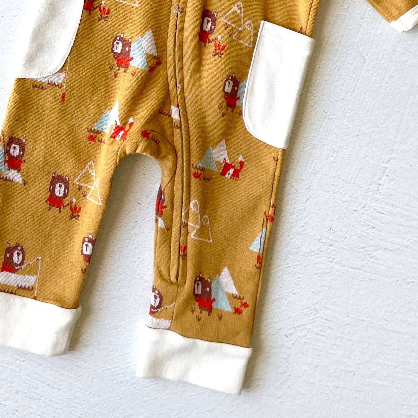 Camping Bear & Fox Zipper Organic Jacquard Baby Jumpsuit: Mustard