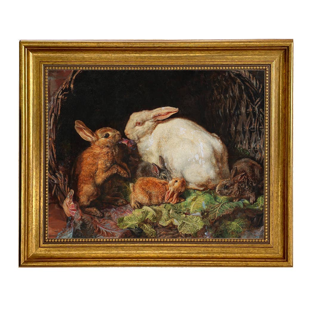 Hares and Young Framed Oil Painting Print on Canvas: Antiqued Gold / 5" x 6"