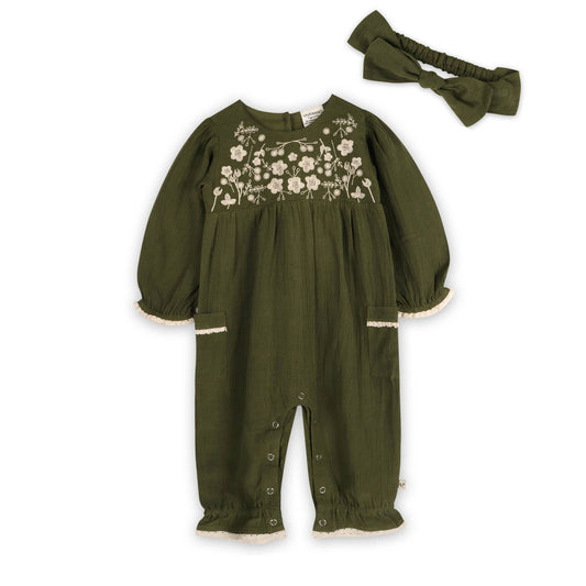 Juniper Embroidered Baby Jumpsuit & Headband -Linen Blend: Olive Green