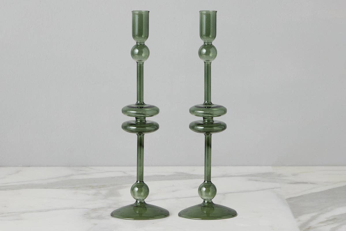 Emerald Green Glass Taper Candlestick Holder Pair, Large