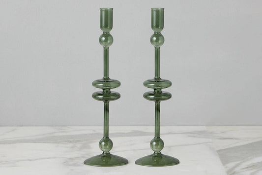 Emerald Green Glass Taper Candlestick Holder Pair, Large