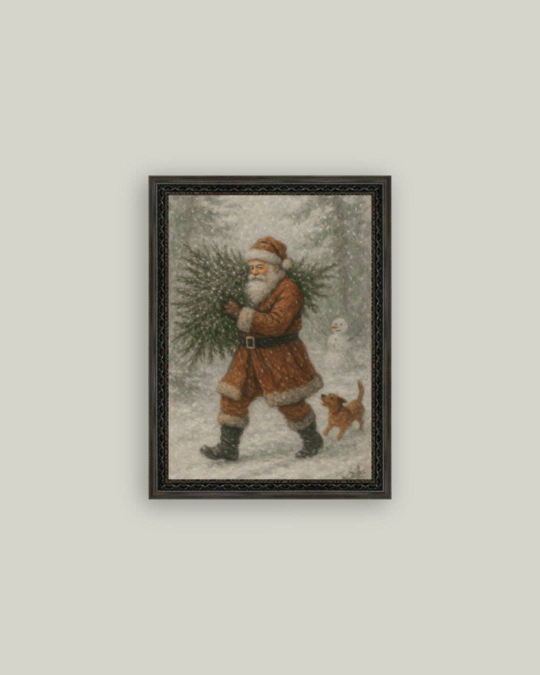 Santa with Tree Framed Antique Art: 5x7